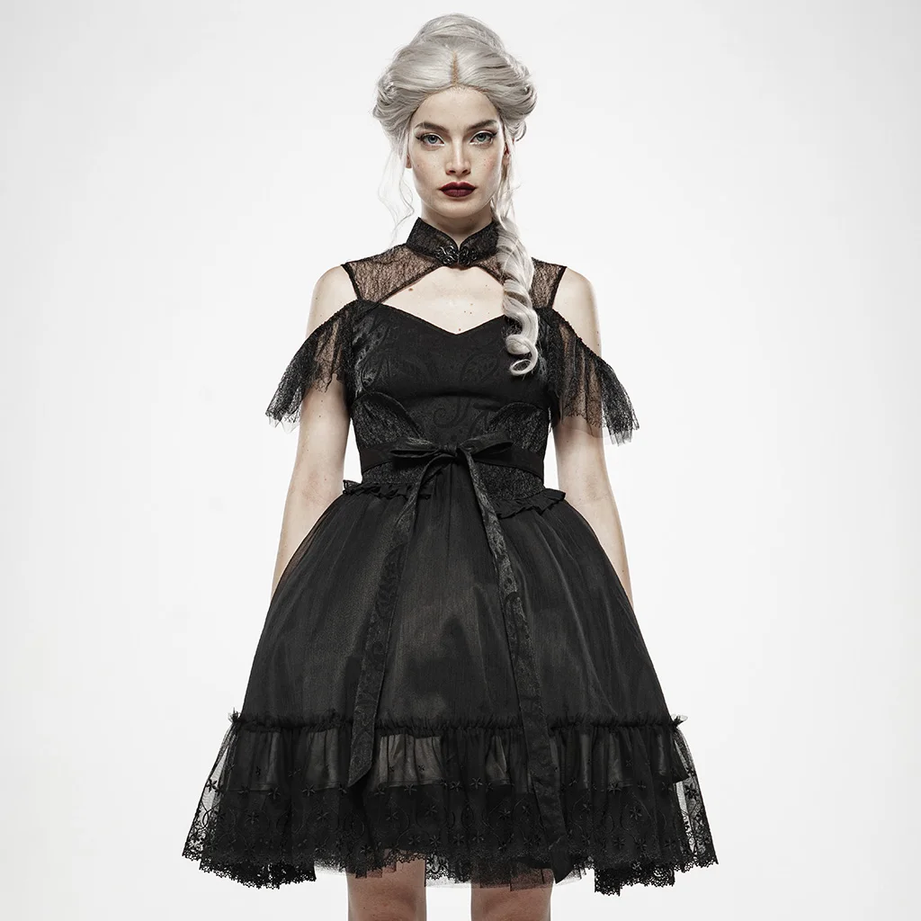 

PUNK RAVE Women Black Fairy Tale Doll Dress Tulle Jacquard Splice Mesh Lace Hem Off Shouldler Sexy Dresss