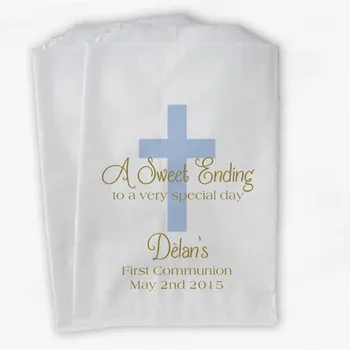 

Custom First Communion Favor Bags - Baptism or Religious Party Favor Bags - Baby Blue and Gold Paper Treat Bags