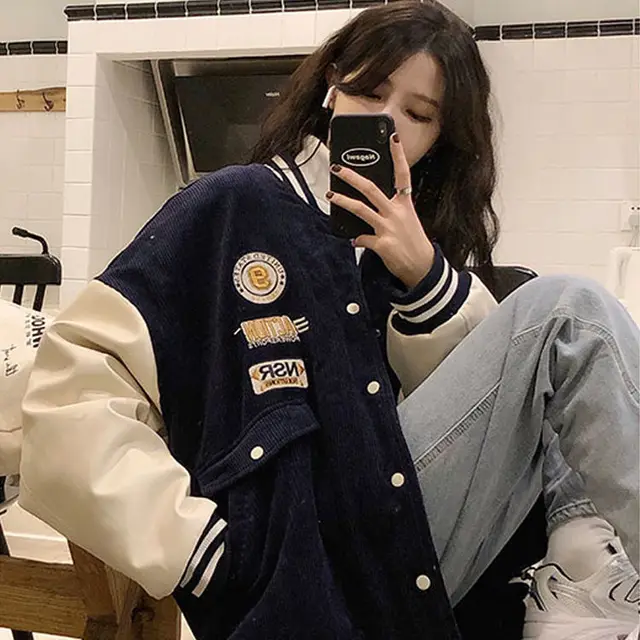 Contrasting Color Stitching Baseball Uniform Women Couple Students 2021 Spring Autumn New Retro Jacket Corduroy Coat Tide 31 Blue