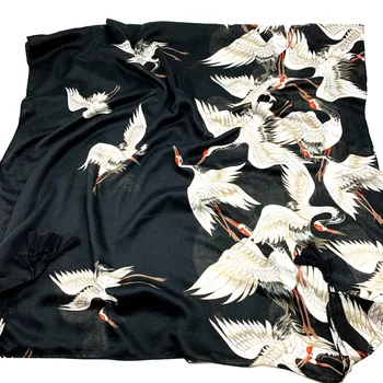 

2020 New Crane Animal Printed Vintage Chinese Ethnic Style Women's Viscose Scarf Black Cotton Poncho Orignal Designer Scarves