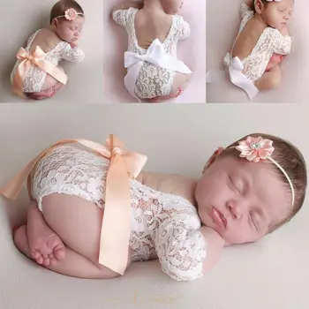 

Newborn Lace Romper Bow HairBand Set Baby Infant Photography Photo Prop Clothing