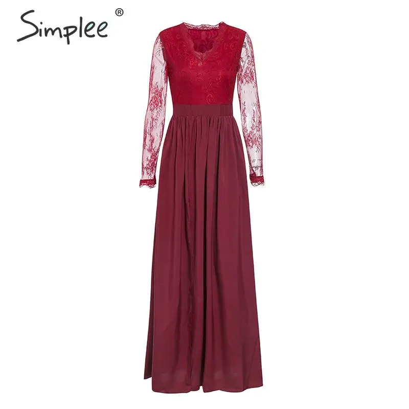 Simplee Sexy v-neck women party dress Embroidered floral hollow out lace maxi dress Elegant lady chic autumn evening long dress - Цвет: Красный