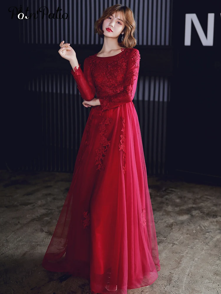 

Long Sleeves Prom Dresses 2019 Elegant Scoop Neck A-line Floor-length Luxury Appliques Tulle Wine Red Evening Gowns Long