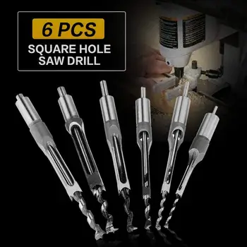 

6PCS HSS Twist Drill Bits Set Square Auger Mortising Chisel Drill Set Square Hole Woodworking Drill Tools Kit Set Extended Saw