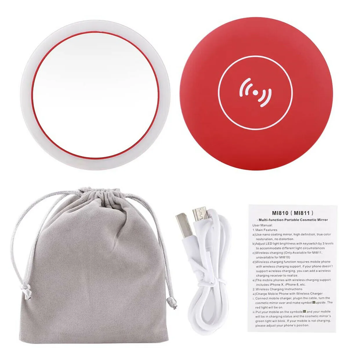 Портативный светодиодный мини-круговое компактное зеркальце для макияжа и путешествий, косметическое зеркало с беспроводной зарядкой от usb - Цвет: Красный