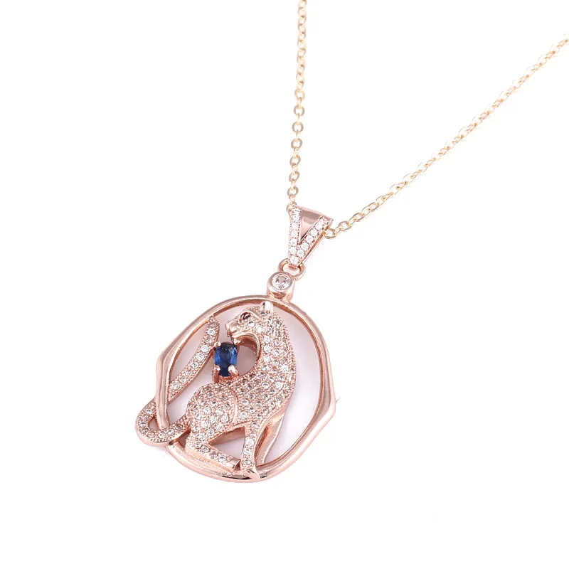 Juya, Прямая поставка от поставщиков, микро ожерелье с леопардом из циркония ручной работы, ожерелье с подвеской в виде животного для женщин и мужчин, рождественский подарок - Окраска металла: Rose Gold Blue