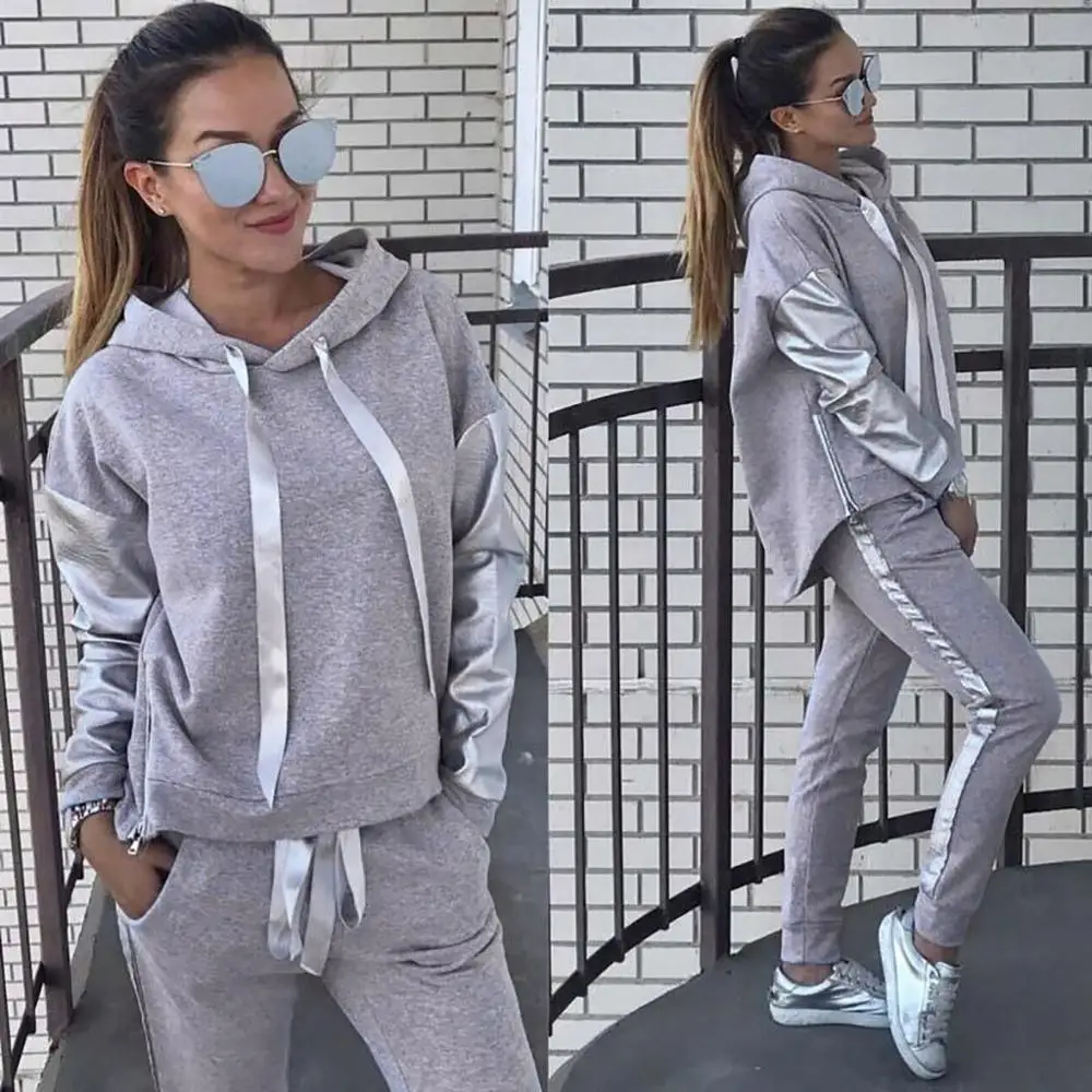 

2Pcs/Set Women Sportswear Suit Casual Trousers Solid Color Hooded Sweatshirt And Pant Tracksuit Sport Suit Pullover Sweatshirt