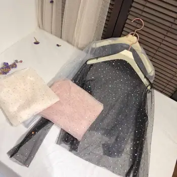 

2020 Women O-Neck Pullover Basic Shirt Casual Loose Size High Waist Sequined Star Mesh Gauze Voile Ruffles Lace Blouse Tops