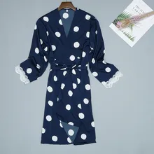 Сексуальное женское белье, Шелковый кружевной халат, длинный рукав, в горошек, Атласный халат, пижамы, Femme, шелковые халаты, халат* X