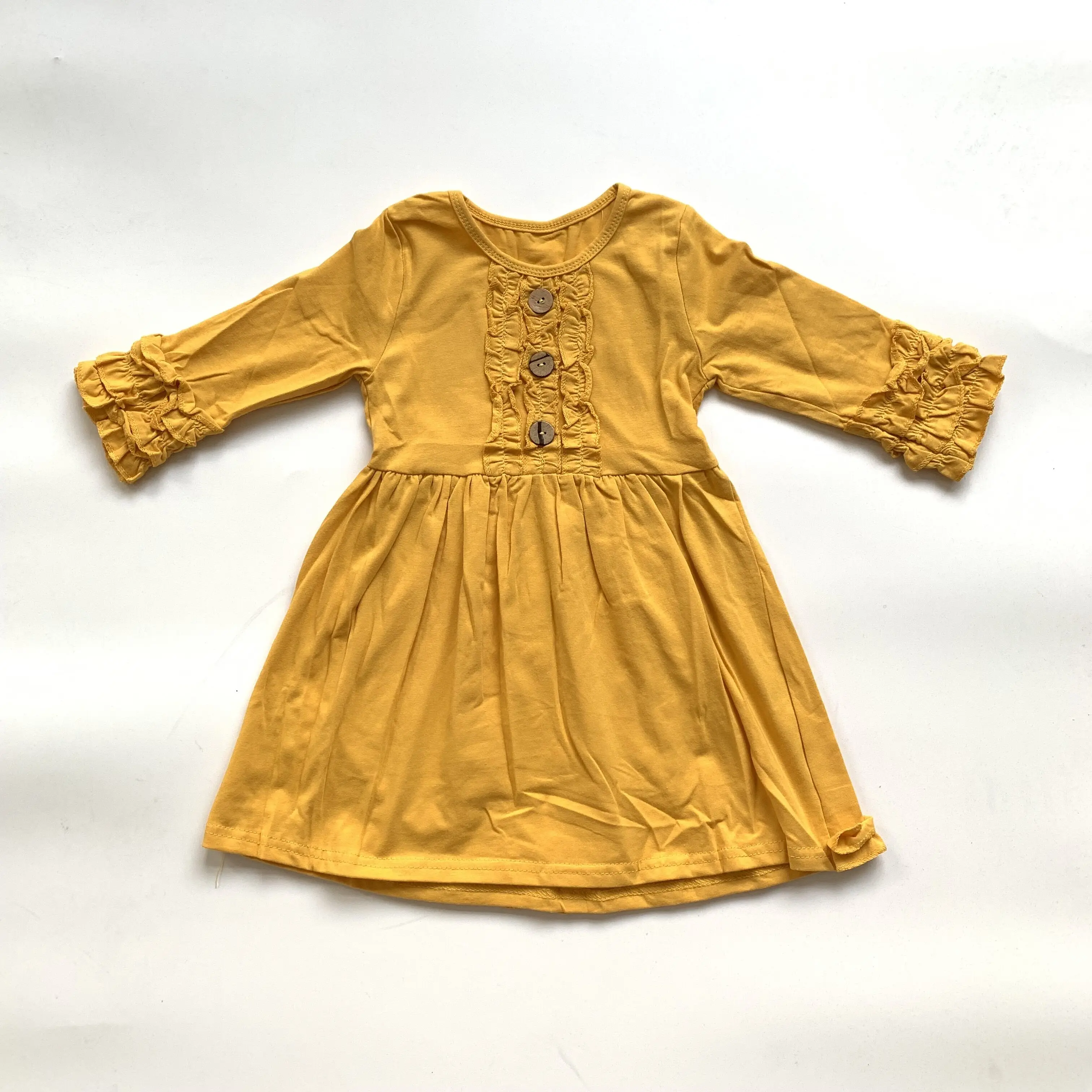 Осенне-зимняя детская одежда для маленьких девочек; хлопковое платье с длинными рукавами; однотонное платье с рюшами горчичного и зеленого цвета; изысканные наряды