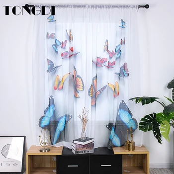 

TONGDI 2PCS White Tulle Digital Printing Curtain Elegant Butterfly Transparent Decor For Home Spring Parlour LivingRoom Bedroom