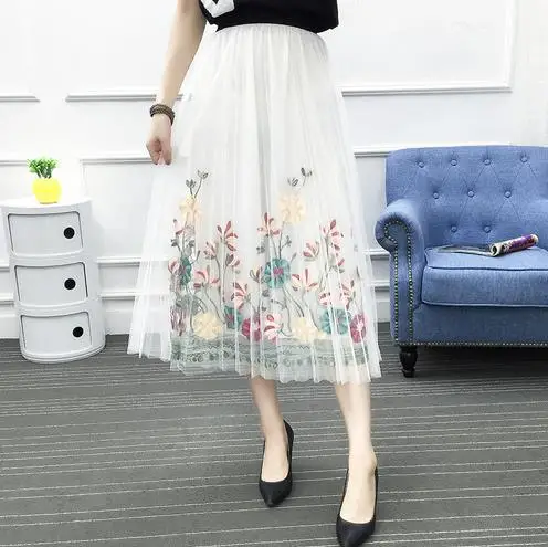 2020 Autumn Summer Elastic Waist Flower Embroidery Mesh Midi Skirt Womens A-Line Boho Tulle Big Swing Pleated Beach Skirts LJ206 | Женская