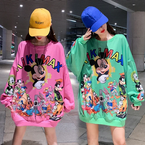 

fashion Autumn Winter Loose Slender Covering Fashion Clothes Mickey Cartoon Printed Cap Female Loose Street Sweatshirts Slim