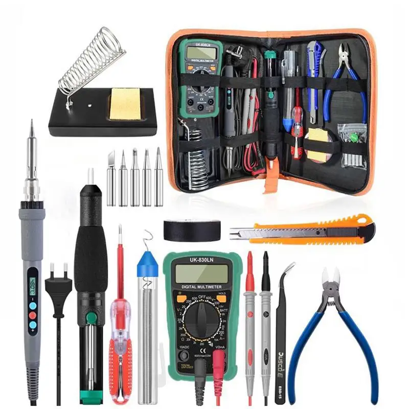 

60W Adjustable Temperature Electric Soldering Iron Kit 5pcs Tips Digital Multimeter Desoldering Pump Welding Stand Repair Tool