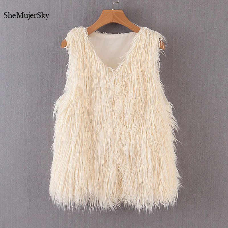 

SheMujerSky Beige Fur Vest Women Autumn Winter Warm Vest 2019 Vests Of Women gilet femme