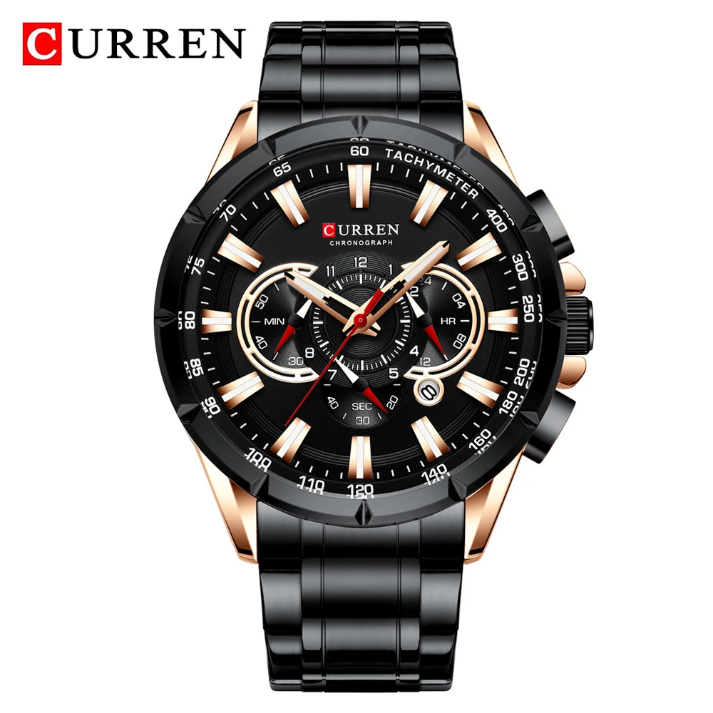 Black CURREN New Mens Watches Fashion Stainless Steel Sport Quartz Watch Men Luxury Brand Chronograph Military Waterproof Wristwatch - Цвет: Black