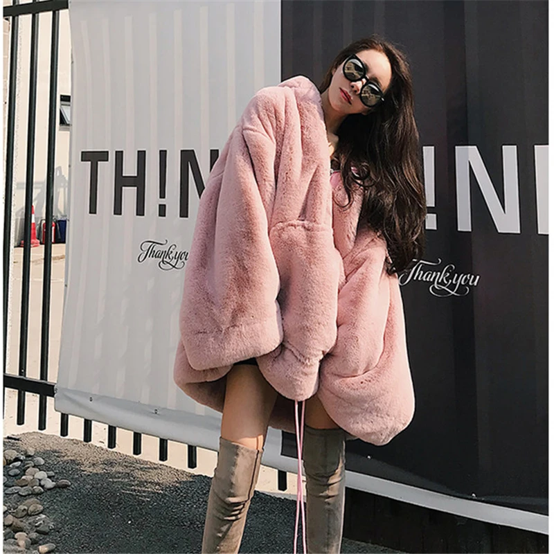 Пальто из искусственного меха большого размера, женские зимние толстовки с капюшоном размера плюс, куртка из искусственного меха, толстые пуловеры, женские розовые плюшевые пальто большого размера 472 - Цвет: pink