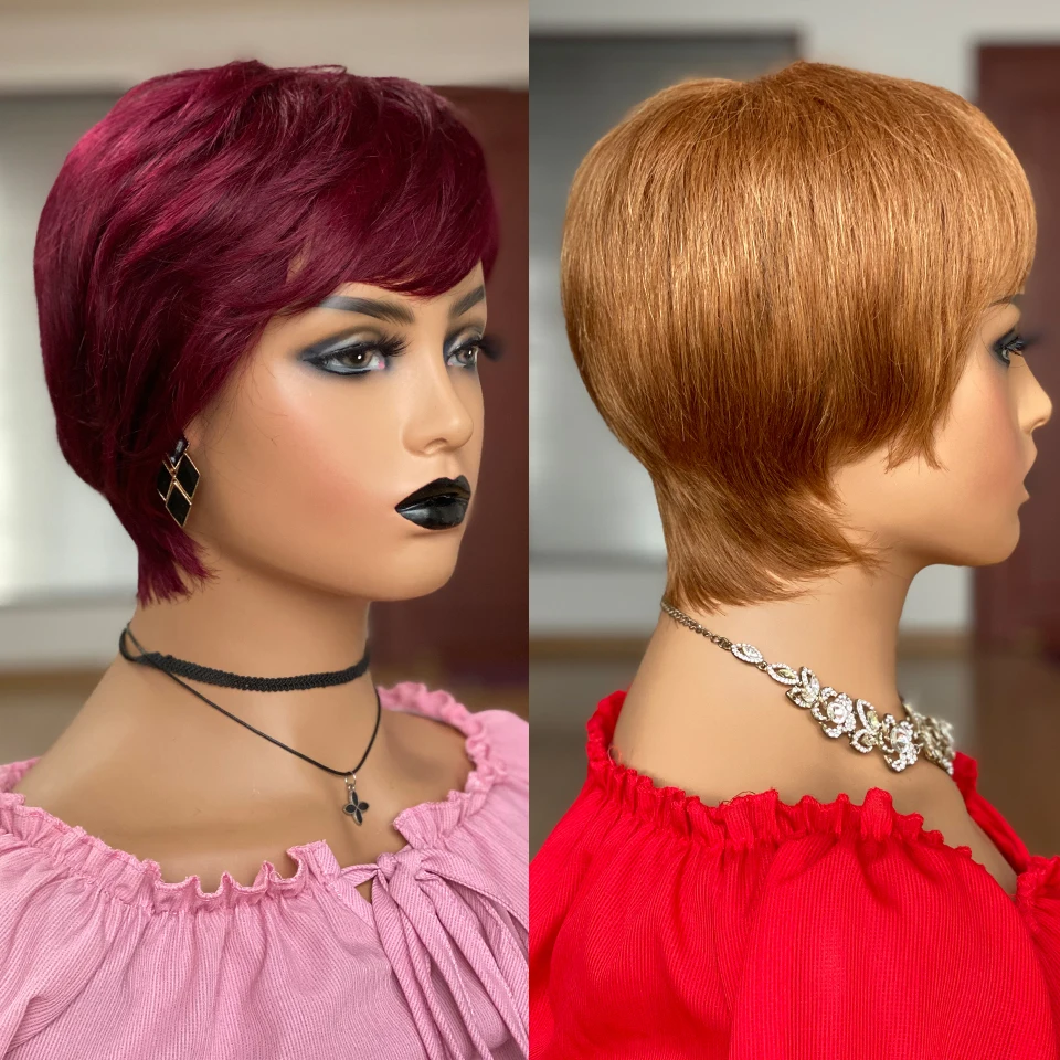 Perucas de Cabelo Peruca com Franja Humano Curto Pixie Corte Peruca Reta Brasileiro Remy Cabelo Completo Máquina Feita Cor 99j - 30 26 máquina feita peruca com franja cor 99j 30 #