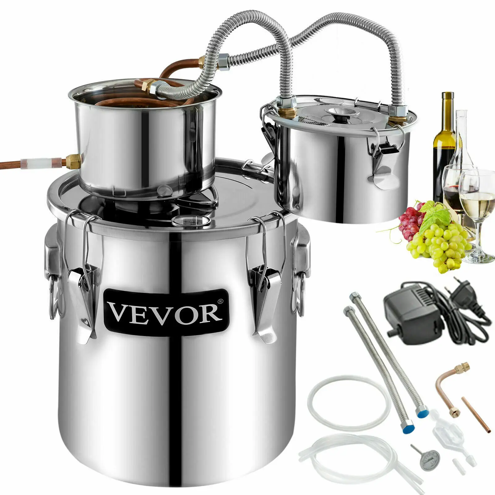 VEVOR 12/21/38L DIY Moonshine Still Alcohol Distiller Copper With Circulating Pump Water Wine Brandy Essential Oil Brewing Kit