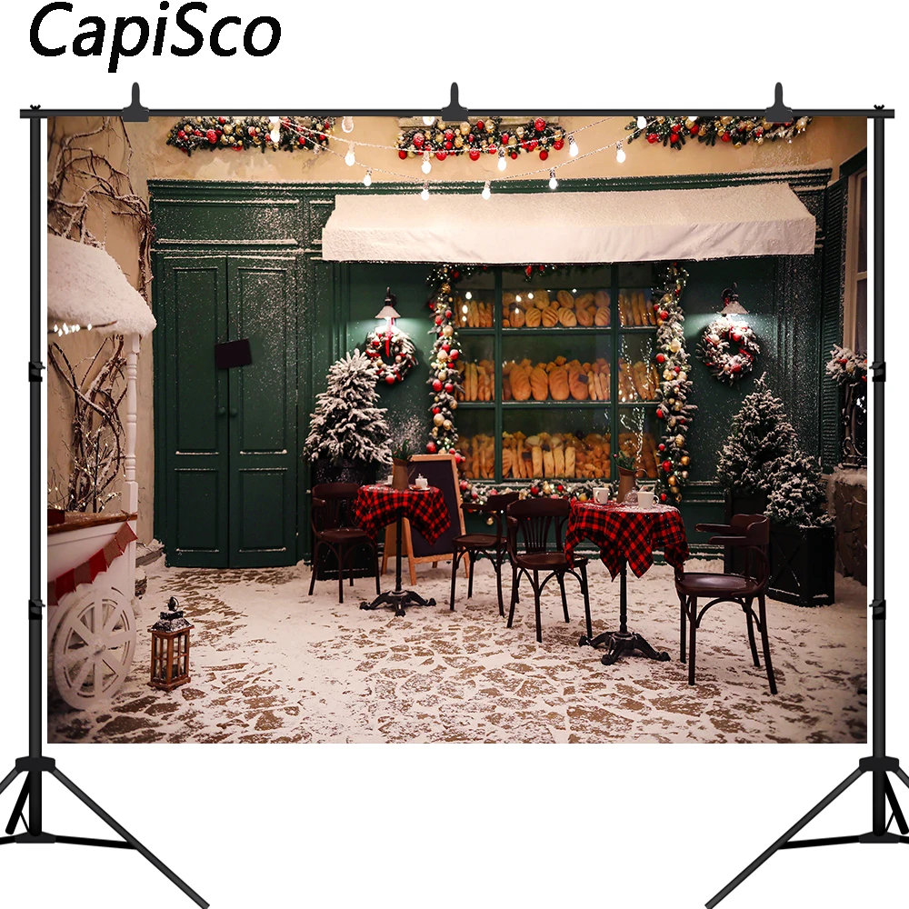 

Фон для фотосъемки с изображением рождественской пекарни, витрины, окна, дерева, реквизит для фотостудии