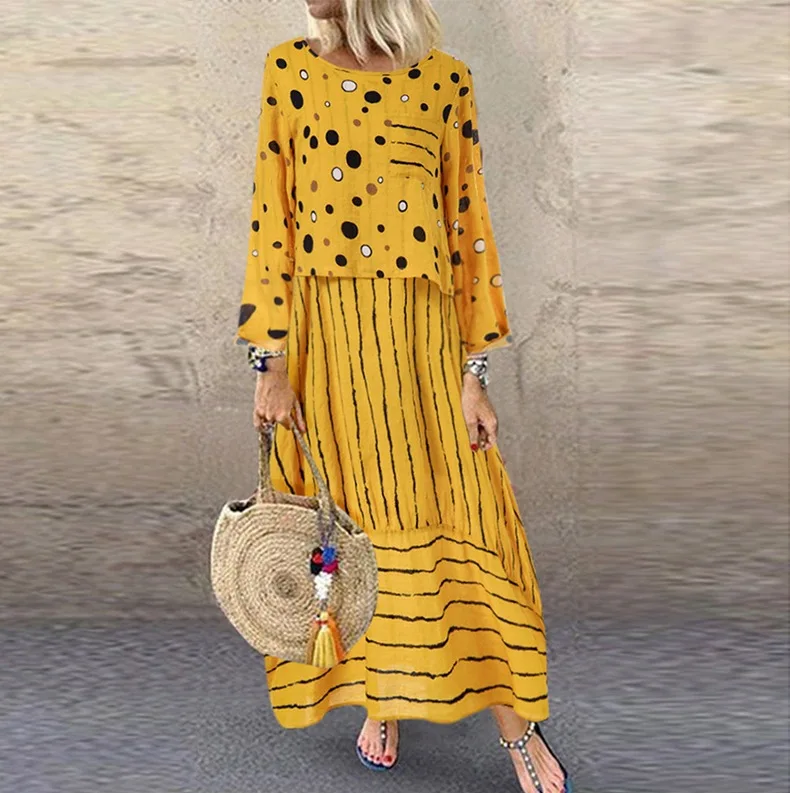 Polka Dot Yellow Dress For Woman Large Loose Fake Two-piece Cotton Linen Dress Summer Plus Size Sundress Female O-Neck Dress