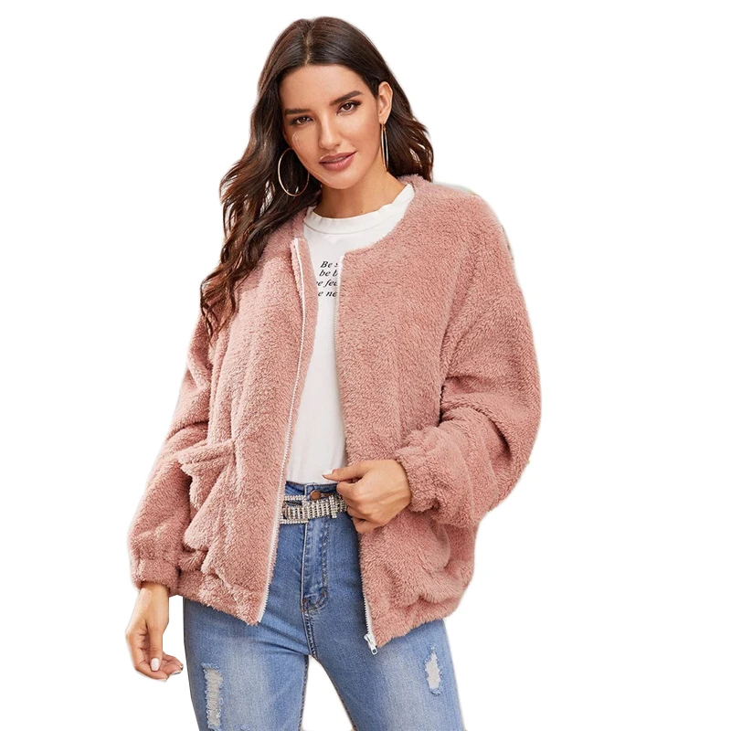 Dotfashion Розовый Повседневный плюшевый теплый жакет для женщин осень двойной карман деталь на молнии куртки дамы розовый сладкий пиджаки