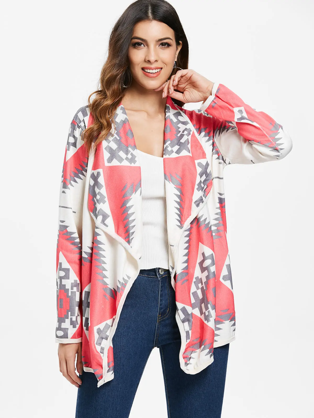 Stylish Turn-Down Collar Long Sleeve Geometric Print Women's Cardigan Christmas Tops Loose Fitting Knitted Light Pink Cardigans |