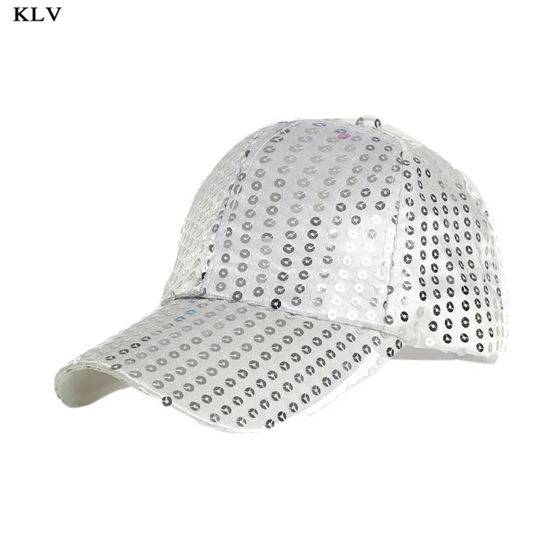 Silver Женская и мужская блестящая круглая бейсболка с пайетками, одноцветная Регулируемая Волшебная наклейка на ремне, хип-хоп, вечерние бейсболки - Color: Silver