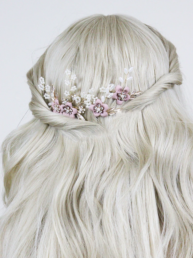 Romantic Wine Red Pink Flower Hair Comb and Hair Pin 3PCS Head Jewelry Bride Headdress for Party Wedding Bridal Accessories