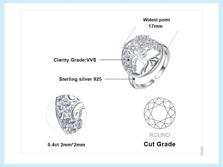 JewelryPalace Genuine Light Blue Spinel Tree of Life Adjustable Open Ring 925 Sterling Silver Round Sweet and romantic
