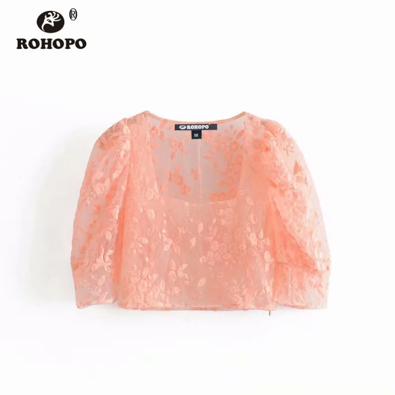  ROHOPO Tulle Embroidery Floral Crop Pink Blouse Square Collar Pullover Transparent Mesh Chic Ladies