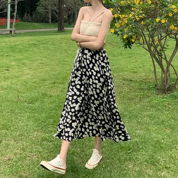 

skirts woman 2020 korean style summer skirt za high waist floral falda saia long maxi vintage vetement ropa mujer clothes black