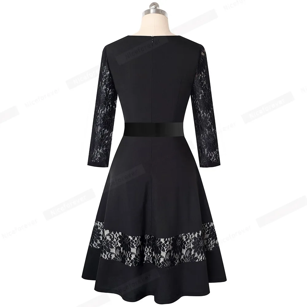 Nice-forever Retro Elegant Lace Patchwork with Sash vestidos Party Women Flare A-line Autumn Dress A182