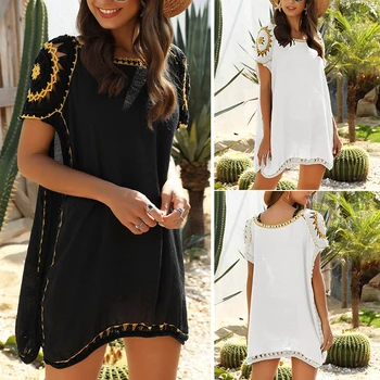

Women Crochet Flower Cover Up Solid Hollow Out Beach Dress Tunic Tops