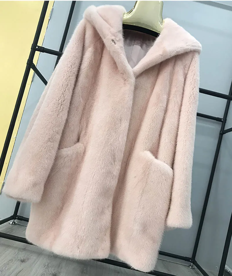 Ftangaiur Winter Import Velvet Mink Fur Coat With Fur Hood Full Pelt Natural Fur Coat Women's Medium Real Mink Fur Coats