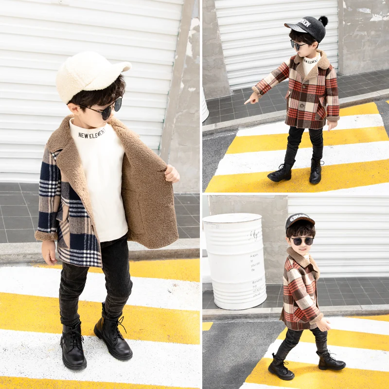 Foreign Trade Boys Tweed Coat Fall Winter Children's Casual Velvet Plaid Woolen Jacket Overcoat Baby Kids Outerwear Clothes X496