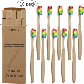 

10Pcs Eco-Friendly Rainbow Toothbrush Bamboo Soft Fibre Toothbrush Biodegradable Teeth Brush Solid Bamboo Handle Toothbrush