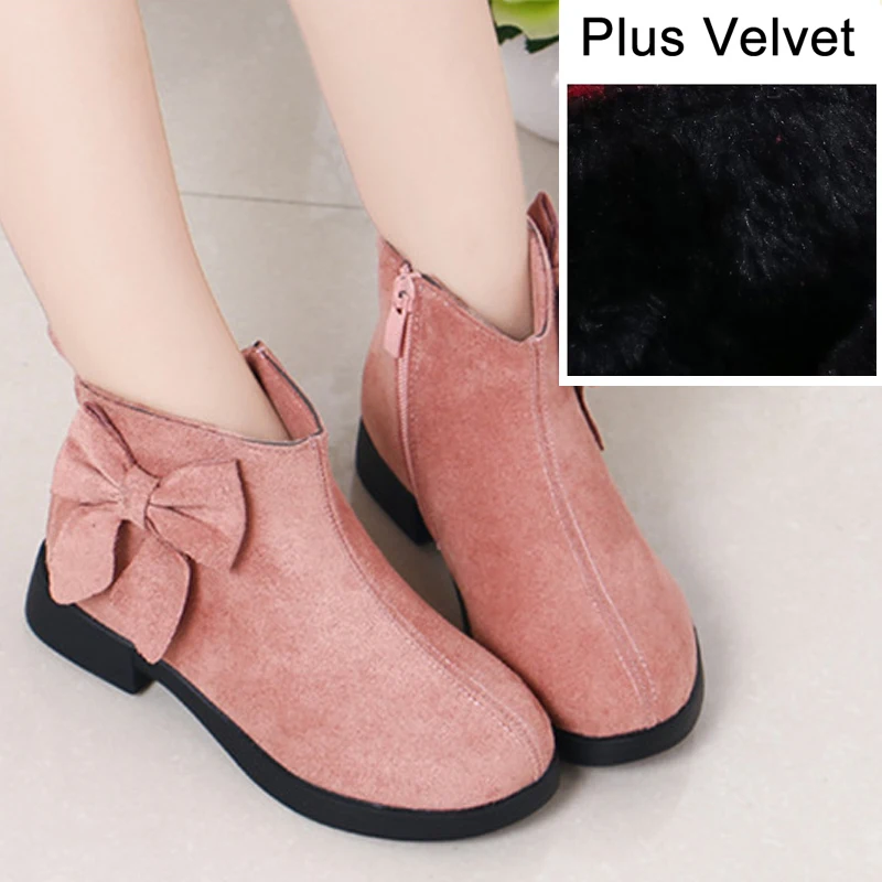 Plus Velvet Red Зимние детские ботинки для девочек; обувь принцессы с бантом; бархатная теплая детская хлопковая обувь; тонкие ботильоны; удобные сапоги Martin для девочек - Цвет: Plus Velvet Red