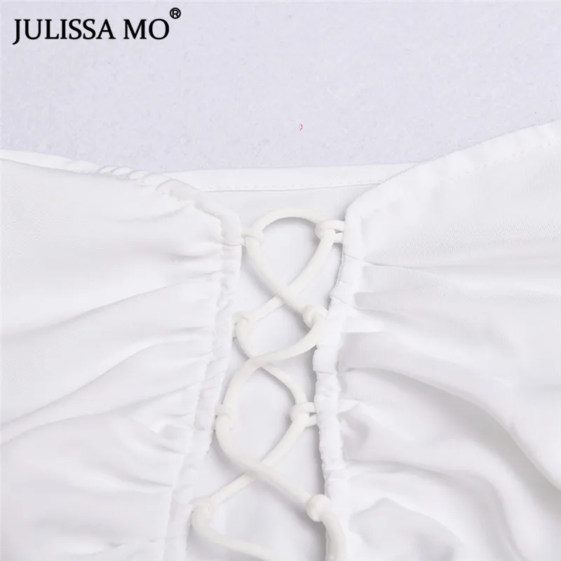 JULISSA MO белая перекрестная бандажная Сексуальная футболка женские осенние кружевные блузки без бретелек тройник Модные женские укороченные топы с открытой спиной