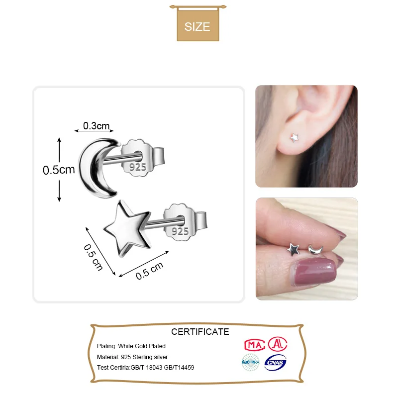Женские серьги гвоздики из серебра 100% пробы с Луной и звездами|fashion stud earrings|stud