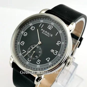 

Parnis 42mm Men's Watch Top Brand Mechanical Man Watch Silver Watch Case Black Dial Date Leather Automatic Men Wrist Watch