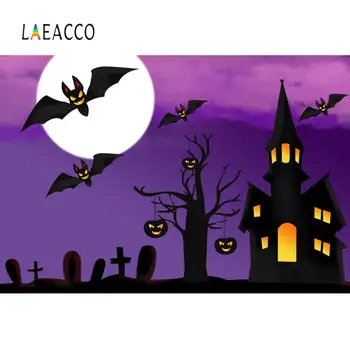 

Laeacco Dark Night Castle Moon Bat Tomb Old Tree Happy Halloween Festival Poster Photo Background Photography Backdrop Photocall