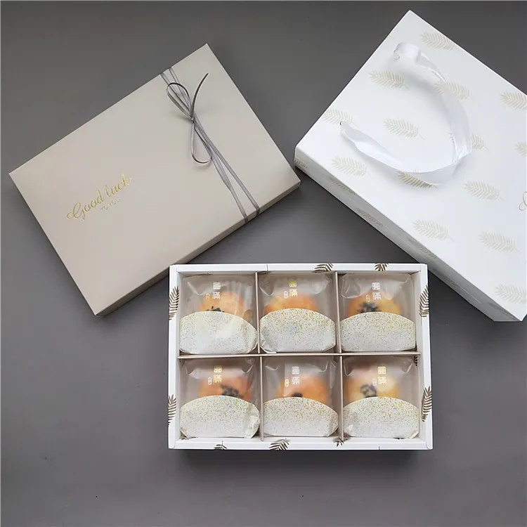 100 x Upscale Stamping Egg-Yolk Gift Box New Gray Good Luck Moon Cake Nougat Boxes Holder With Feather Handmade Bag