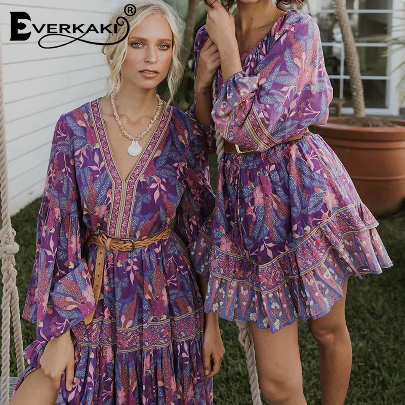 Everkaki Boho мини-платье с принтом для женщин, эластичная талия, v-образный вырез, винтажное элегантное женское короткое летнее платье, Vestidos, новинка