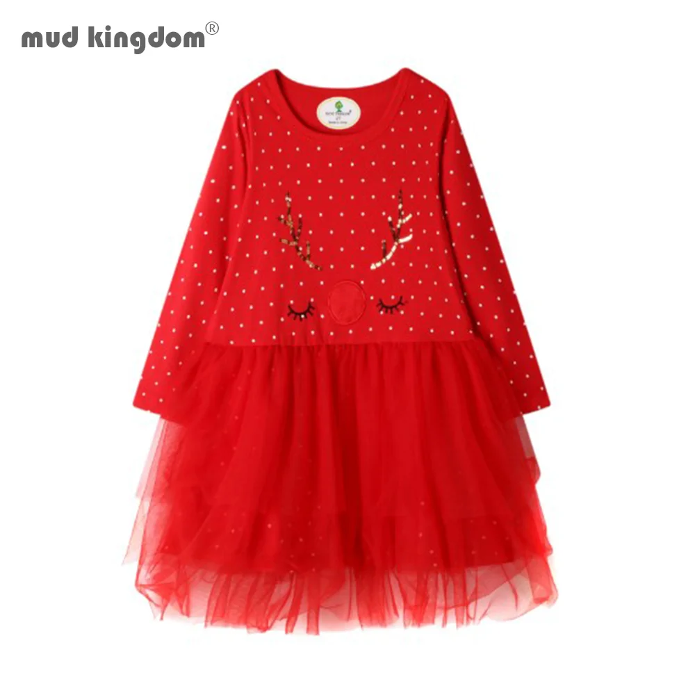 Детское фатиновое платье в горошек с длинным рукавом и принтом снеговика |