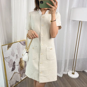

Early Autumn Women Mini Dress Tweed Fungus Short Sleeve Single Breasted Double Pockets 2020 New OL Dresses