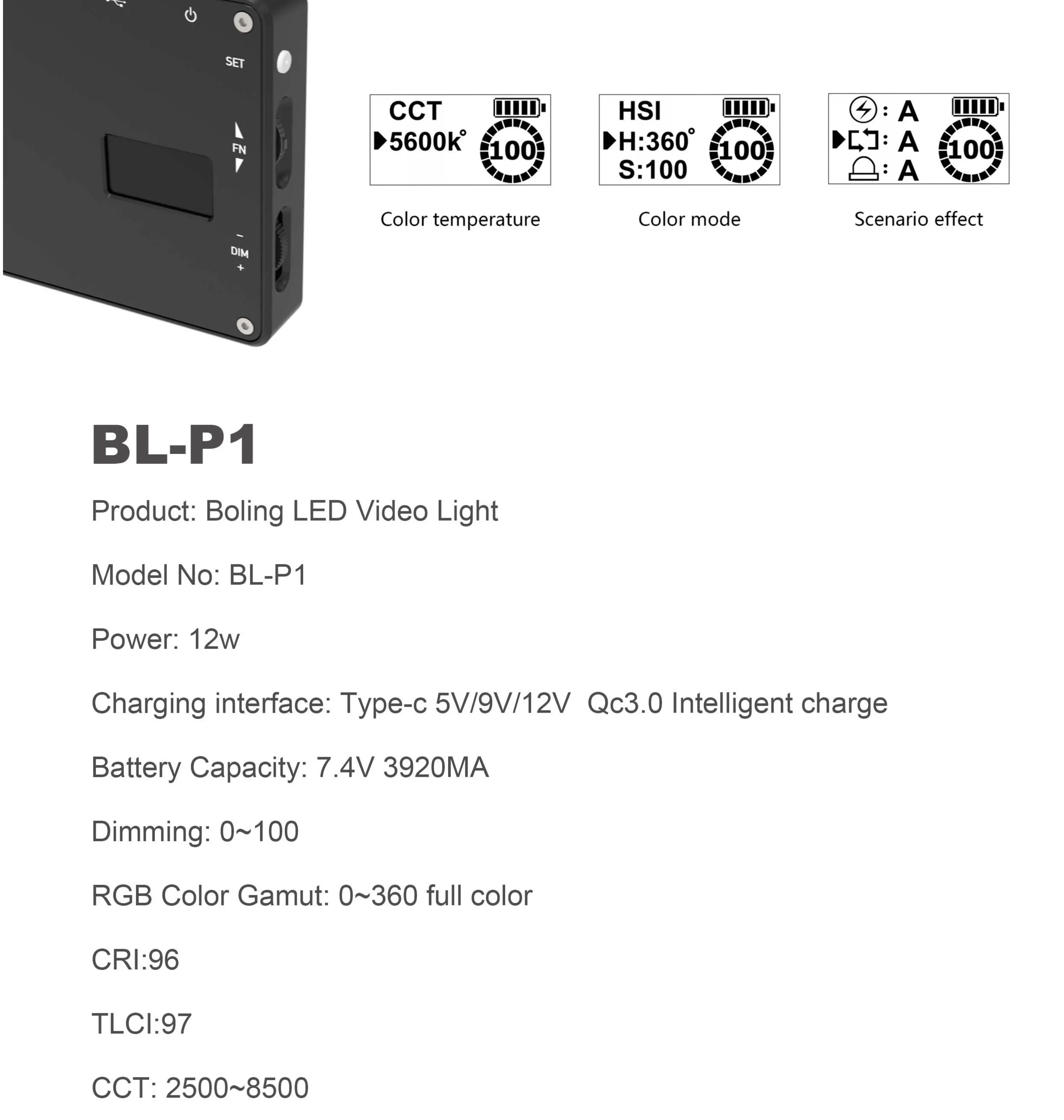 Светодиодный светильник Boling BL P1 RGB Full 0-360 цвет CRI96+ с литиевой батареей 2930 мАч для студийной съемки на открытом воздухе