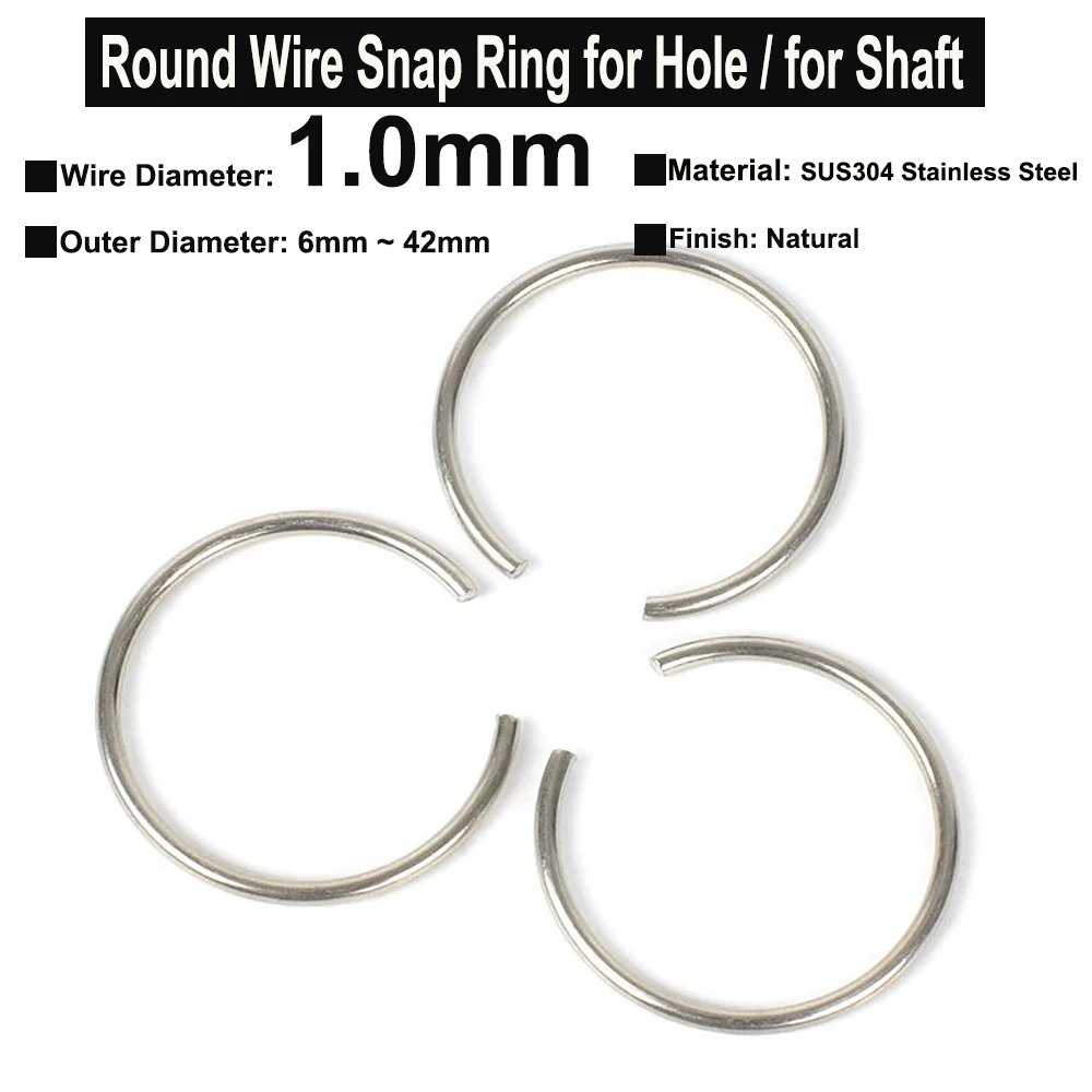 

10Pcs Wire Diameter φ1.0mm SUS304 Stainless Steel Round Wire Snap Rings for Hole Retainer Circlips for Shaft OD=6mm~42mm