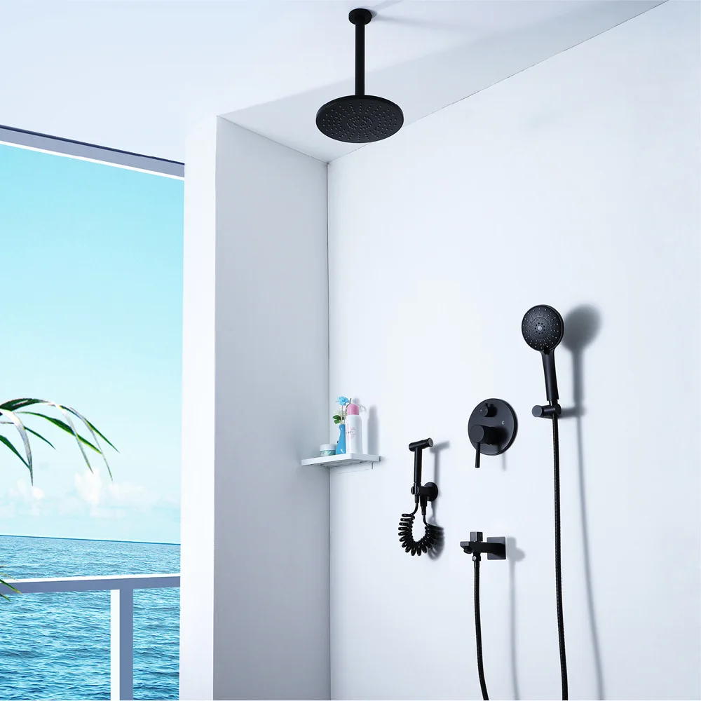 

Wall-in Black And White with Pattern Concealed Shower Gun Head 9-Inch ABS Suspender Top Spray Cold Body Switch HI05055B