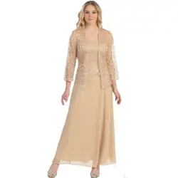 Платья для матери невесты на свадьбу, шифоновая кружевная куртка, длинный рукав, плюс размер, 2019, платье, костюмы для женщин, Vestido De Madrina
